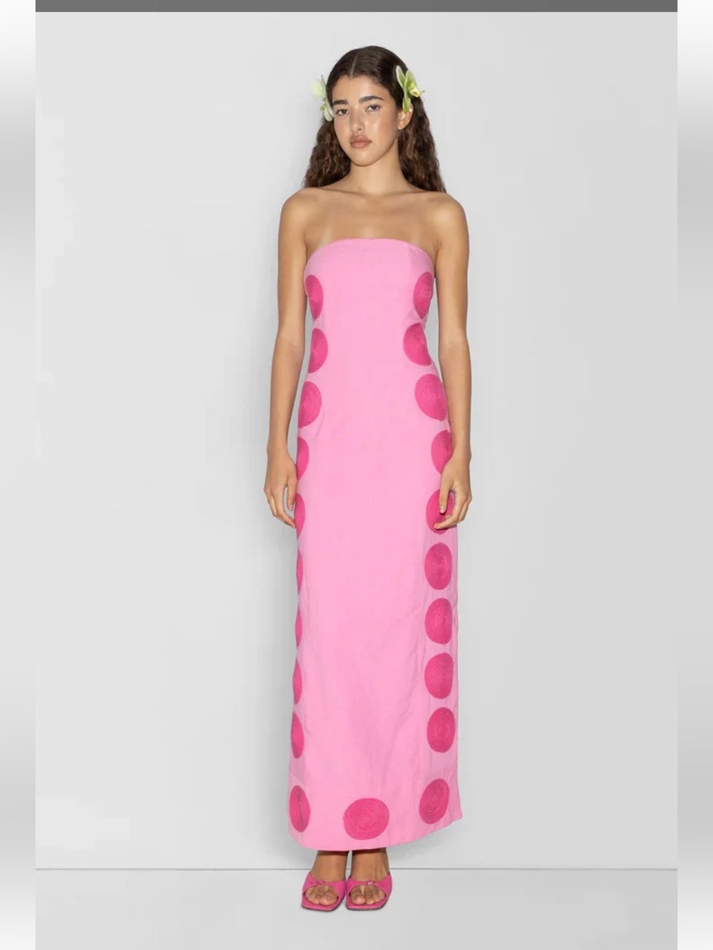 The Wolf Gang Strapless Pink Polka Dot Column Dress